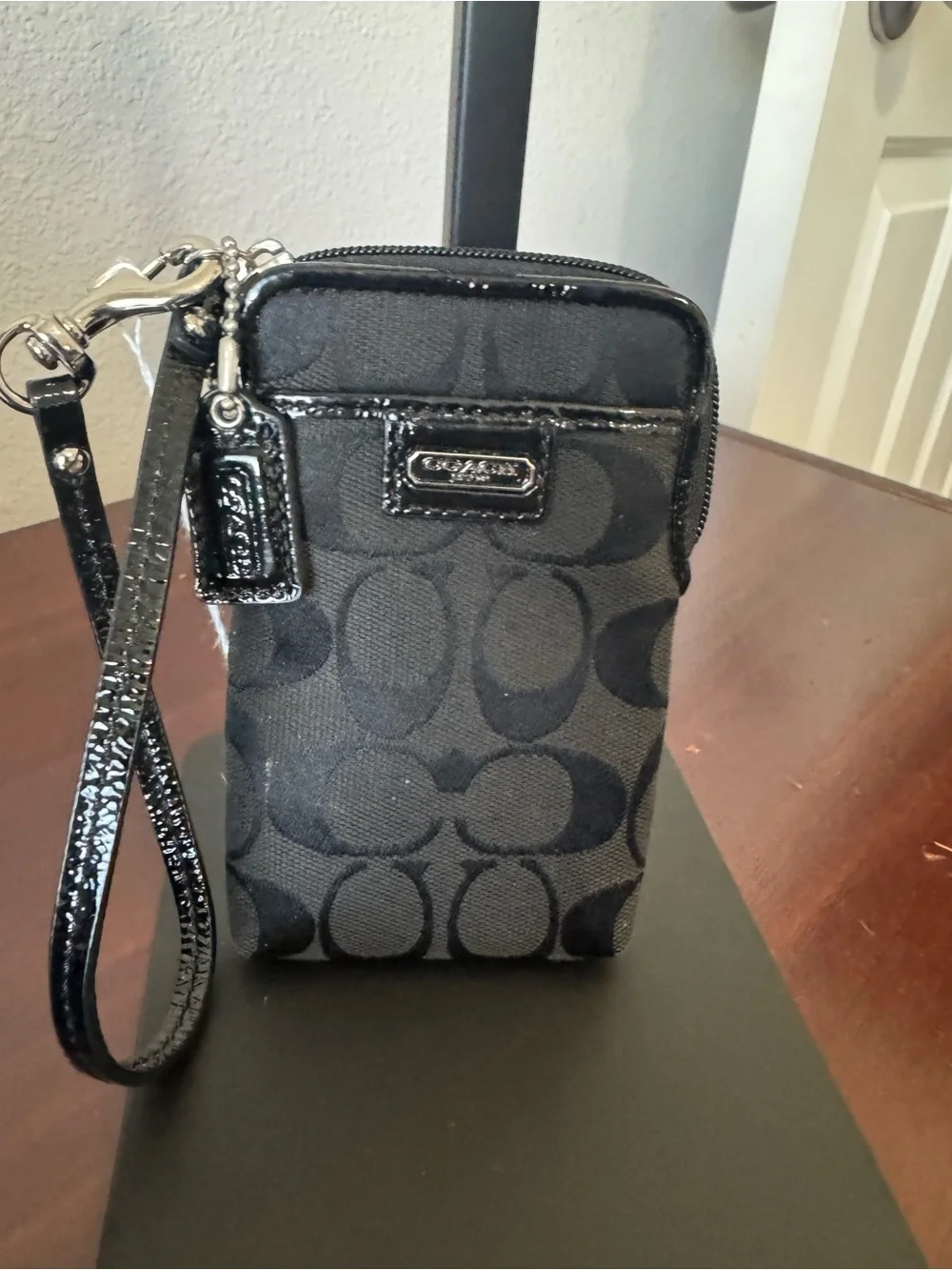 Coach Black Signature Wristlet Phone Pouch with Patent Trim